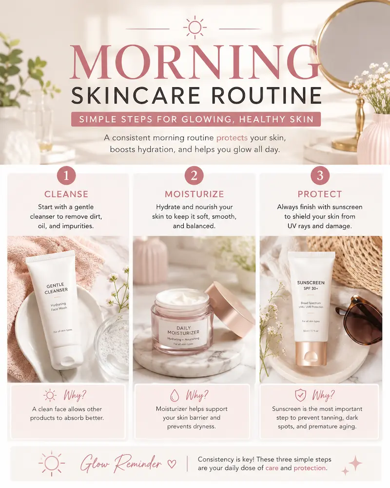 Simple morning skincare routine steps with cleanser moisturizer and sunscreen