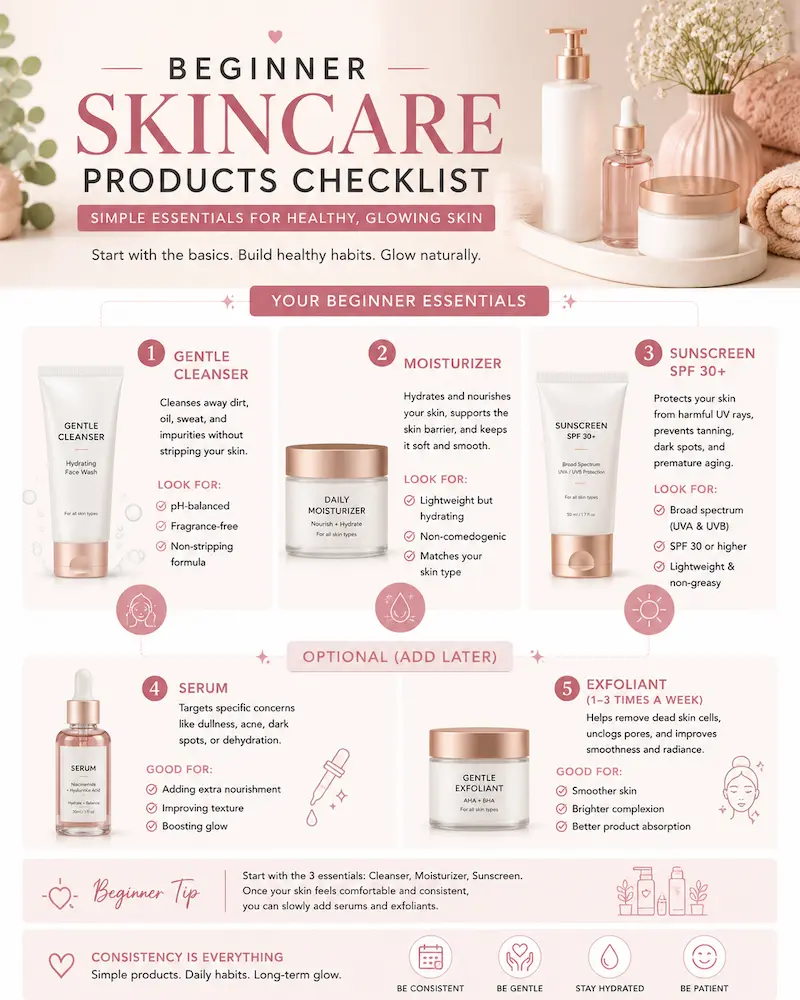 Beginner skincare products checklist with cleanser moisturizer and sunscreen
