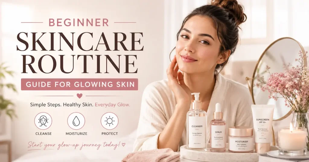 Beginner skincare routine guide with skincare products for glowing healthy skin