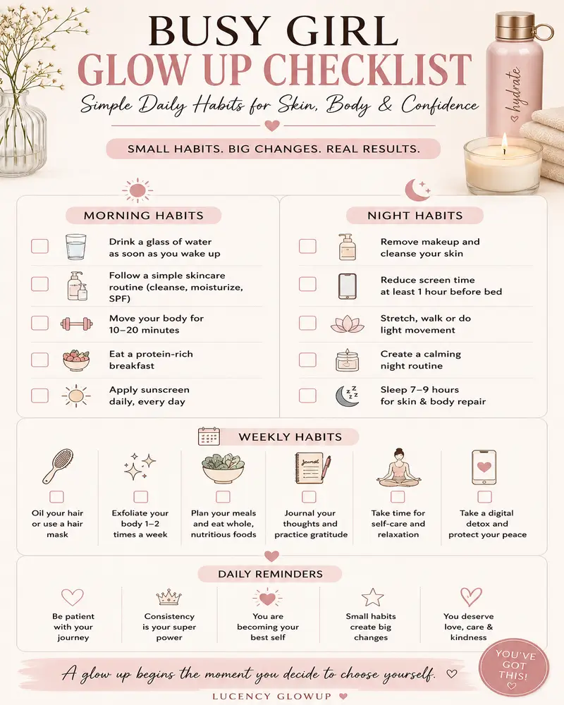 Glow up checklist with daily habits for healthier skin, better energy, confidence, hydration, and wellness