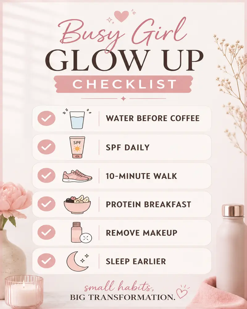 Glow up checklist with daily habits for healthier skin, better energy, confidence, hydration, and wellness