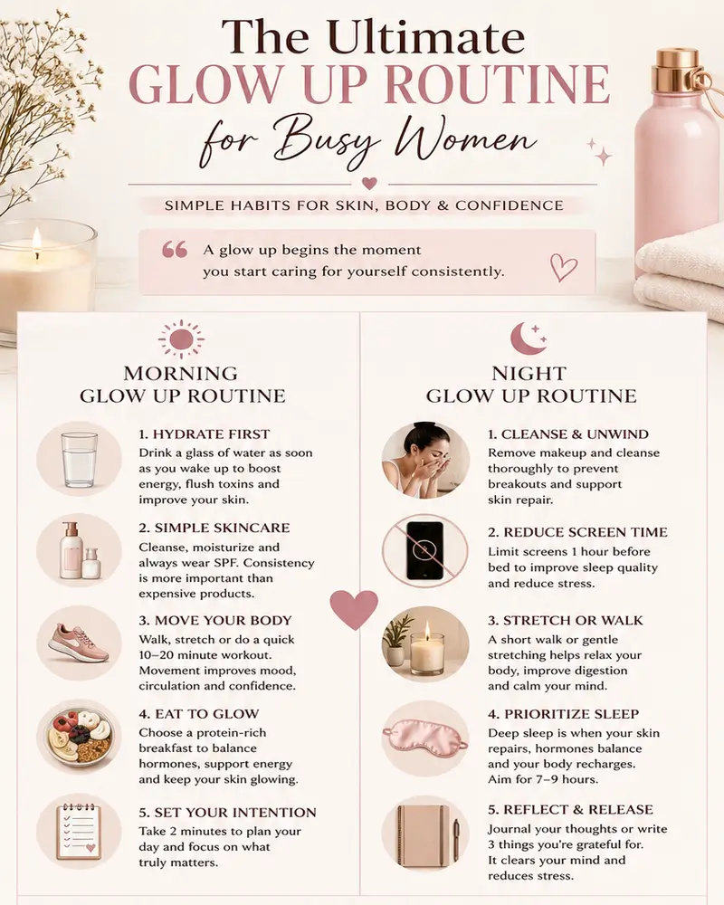 Morning and night glow up routine checklist for busy women including skincare, hydration, movement, and sleep habits