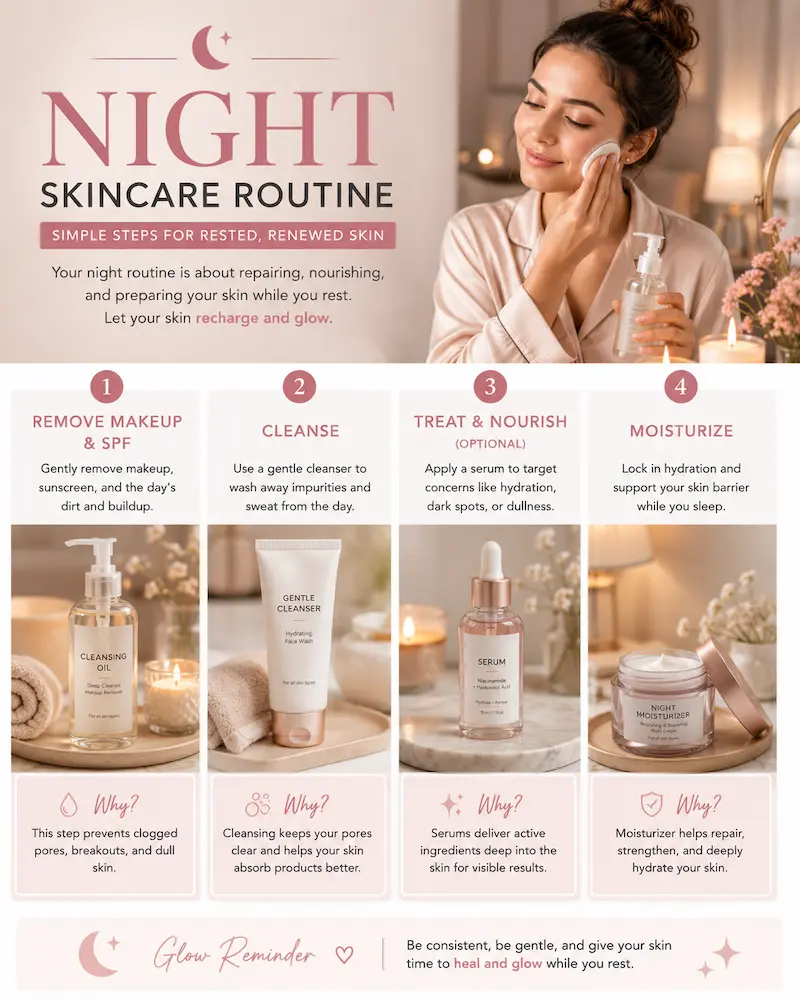 Night skincare routine steps for beginners to achieve glowing skin