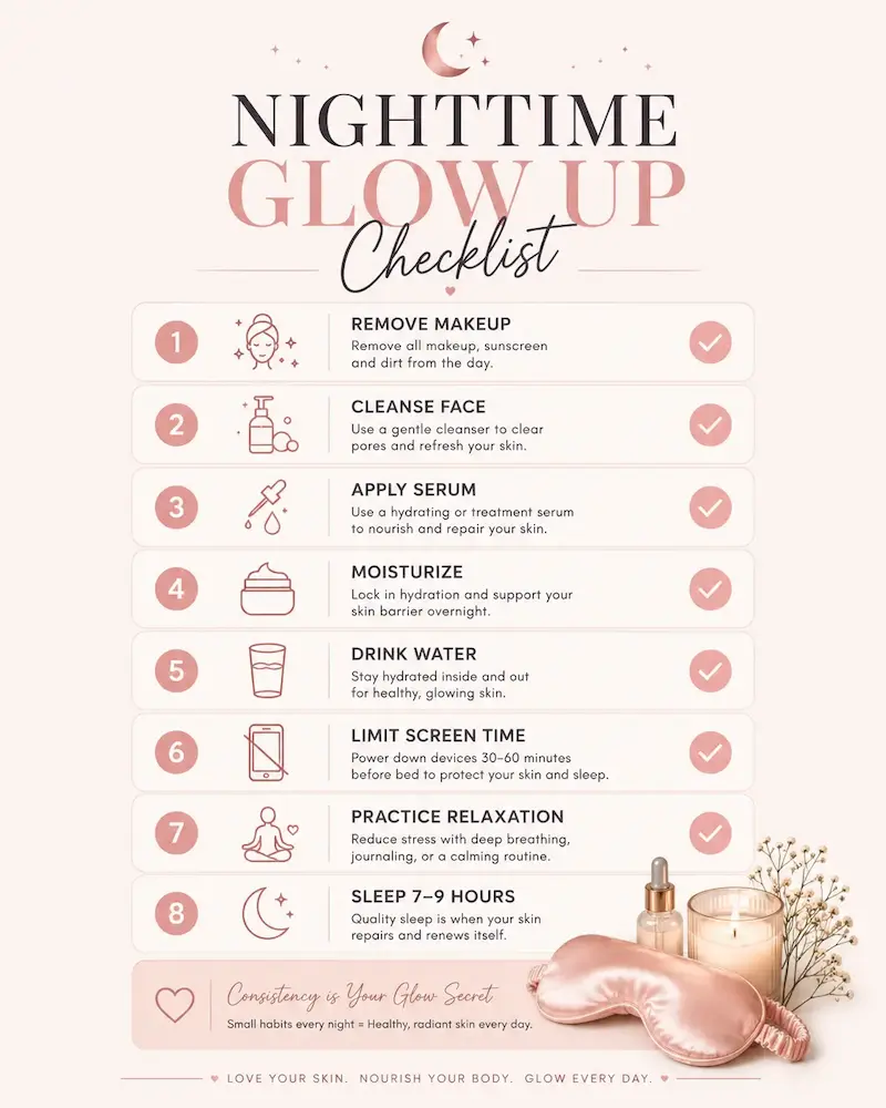 Nighttime glow up checklist infographic showing skincare and self-care habits including cleansing, moisturizing, hydration, relaxation, and sleep routine