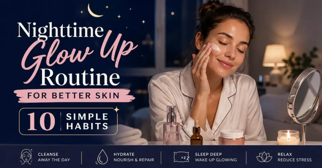 Nighttime glow up routine for better skin featuring a woman applying skincare products before bed with 10 simple habits for healthy glowing skin