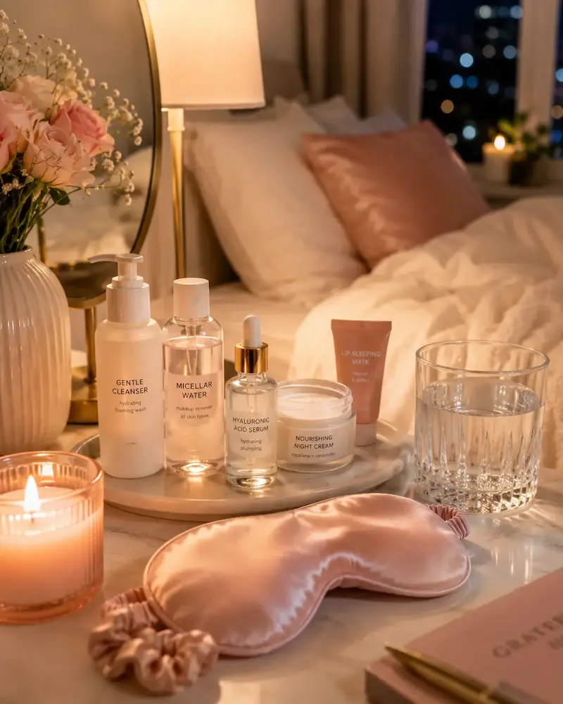 Nighttime skincare routine setup with cleanser, serum, moisturizer, candle, silk sleep mask, and water on a vanity table in a cozy bedroom