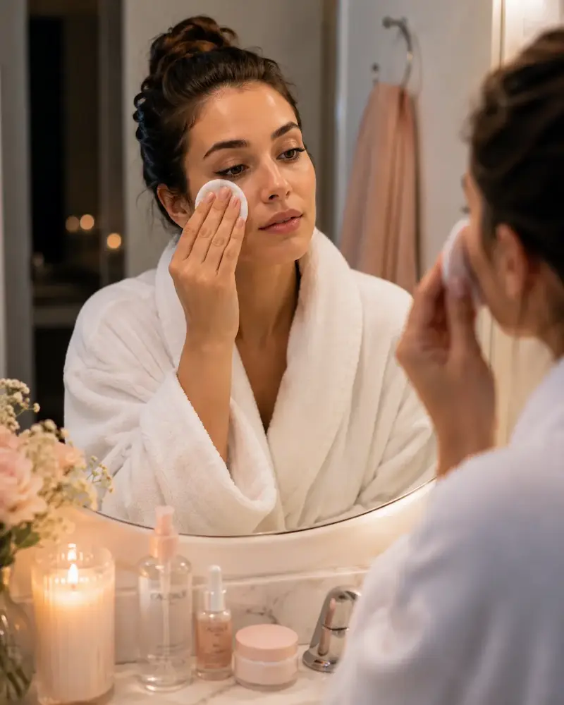 Woman removing makeup with a cotton pad before bed as part of a gentle nighttime skincare routine in a softly lit bathroom