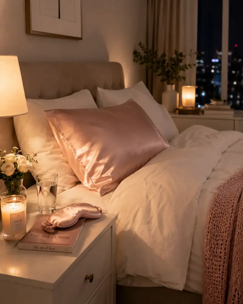 Cozy bedroom with clean bedding, silk pillowcase, candle, and relaxing nighttime atmosphere designed to support better sleep and healthy skin