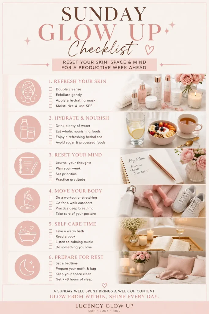 Sunday glow up checklist infographic with skincare, wellness, planning, and self-care habits for a productive week