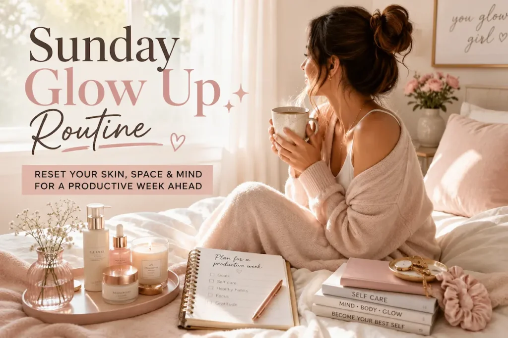 Sunday glow up routine with skincare, journal, coffee, and self-care essentials for a productive week reset