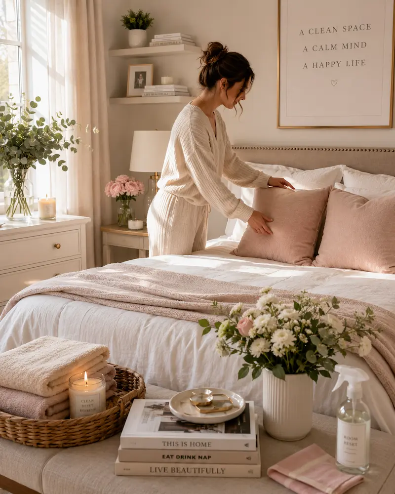 Sunday home reset routine with clean bedroom, organized space, and calming self-care environment