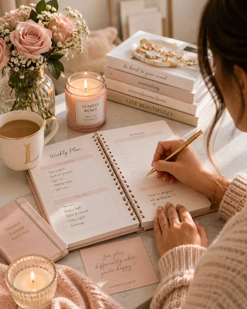Sunday planning and journaling reset routine with weekly planner, coffee, candle, and self-care setup