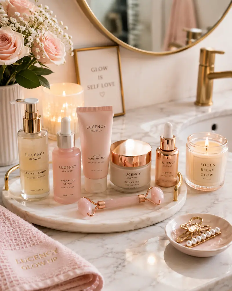 Sunday skincare glow up routine with cleanser, moisturizer, serum, and beauty products for healthy glowing skin
