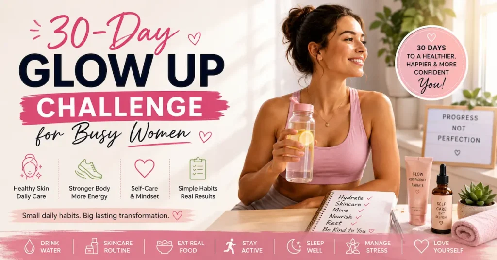 Busy woman smiling during a 30-day glow up challenge with healthy skincare and wellness habits