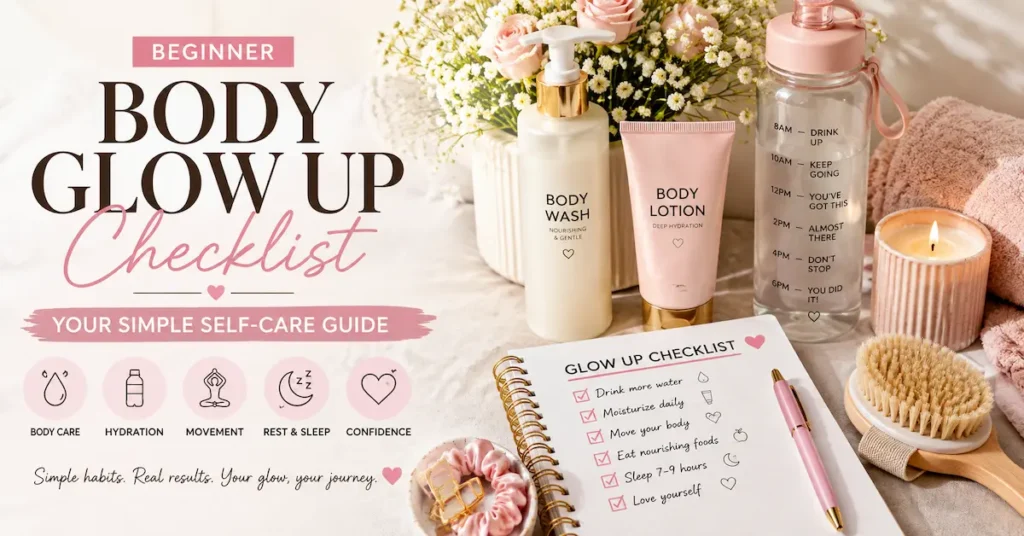 Beginner body glow up checklist with skincare, self-care, and wellness essentials