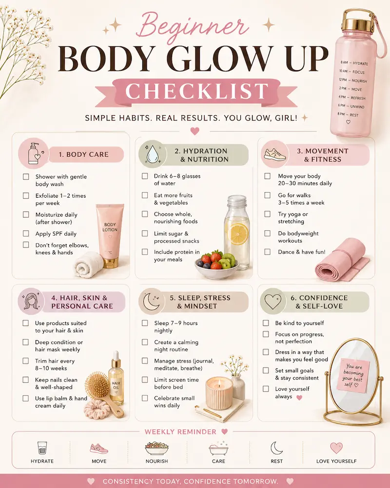 Beginner body glow up checklist infographic with skincare fitness and self-care habits