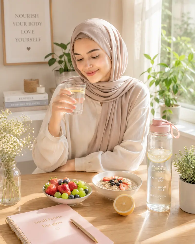 Healthy glow up habits with hydration, nutrition, and wellness routine