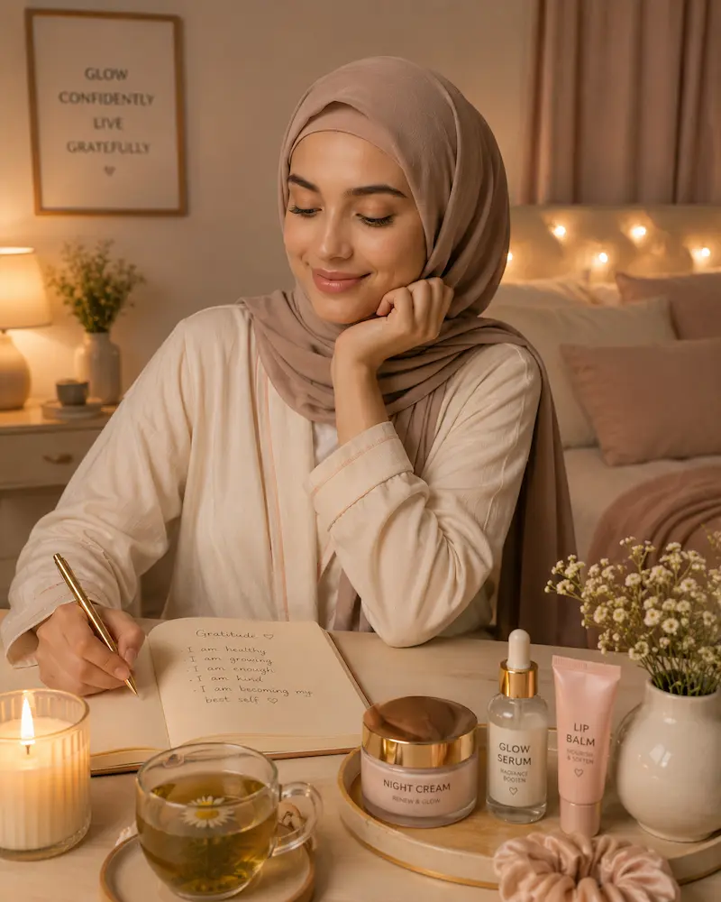 Nighttime glow up self-care routine with journaling and skincare