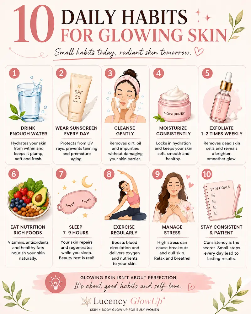 Infographic showing 10 daily habits for naturally glowing skin