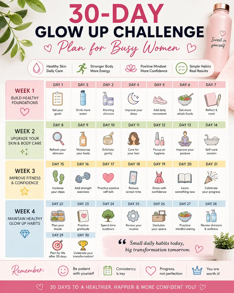 30-day glow up challenge planner and weekly habit calendar for busy women