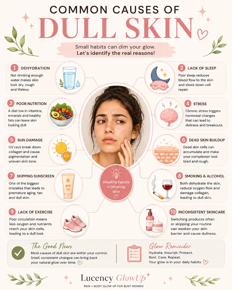 Infographic showing common causes of dull skin including dehydration, poor sleep, stress, and sun exposure