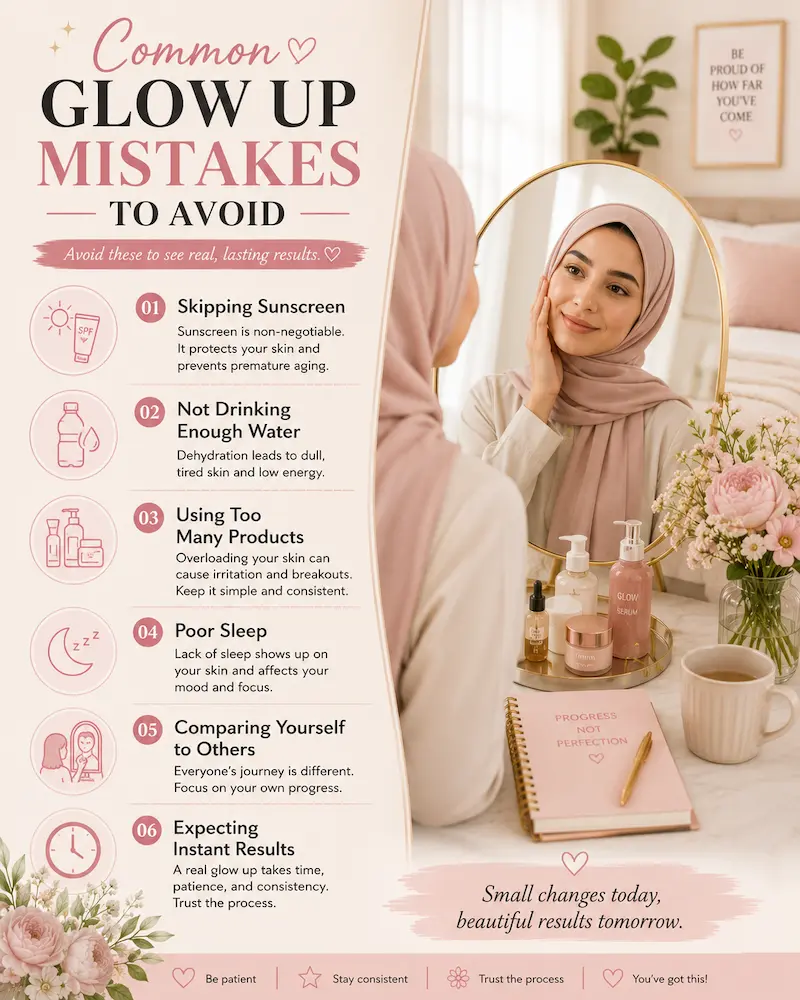 Infographic showing common mistakes to avoid during a 30-day glow up challenge