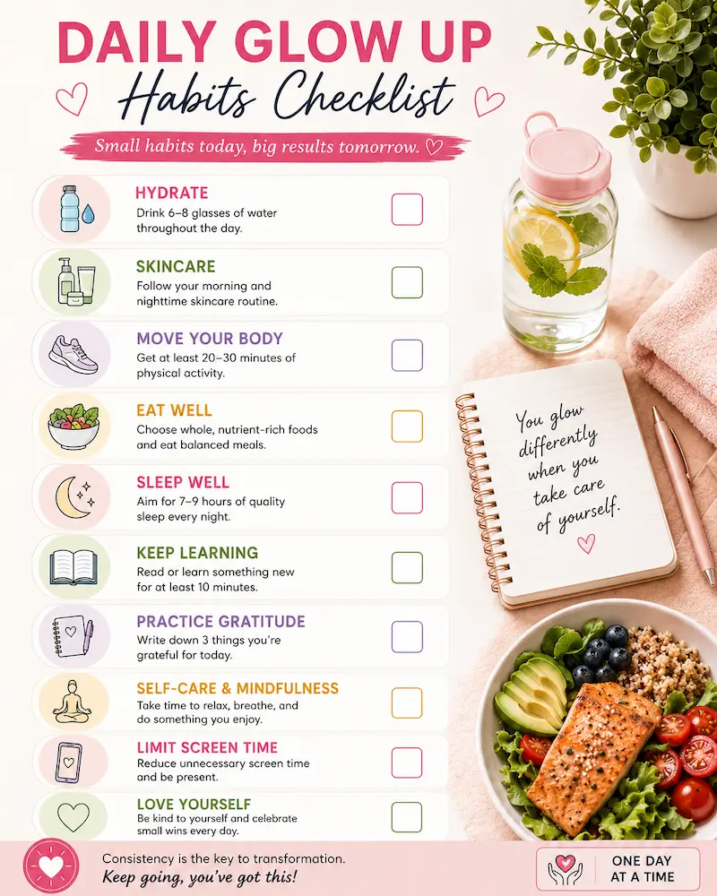 Daily glow up habits including hydration, skincare, exercise, reading, and healthy meals