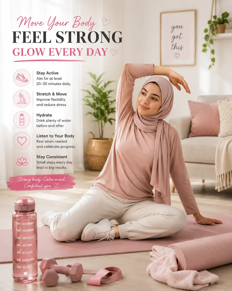 Woman walking, stretching, or exercising at home during a glow up challenge