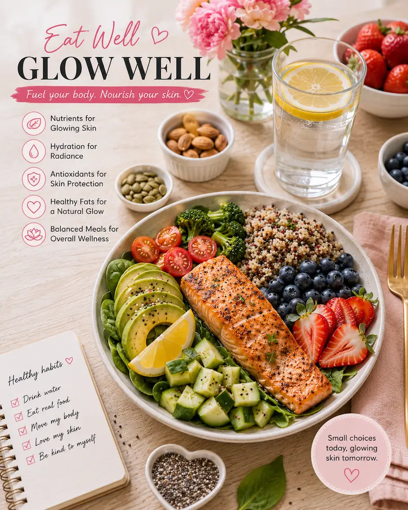 Balanced healthy meal with vegetables, fruit, whole grains, and lean protein for glowing skin