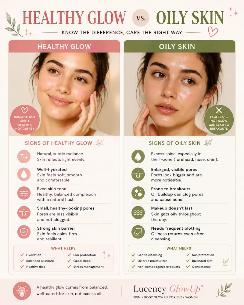 Comparison of healthy glowing skin and oily skin with common signs and skincare tips
