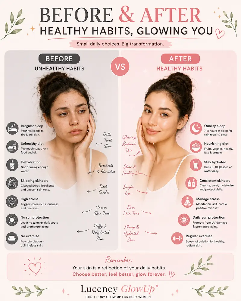 Before and after concept showing how healthy daily habits can support brighter, healthier-looking skin