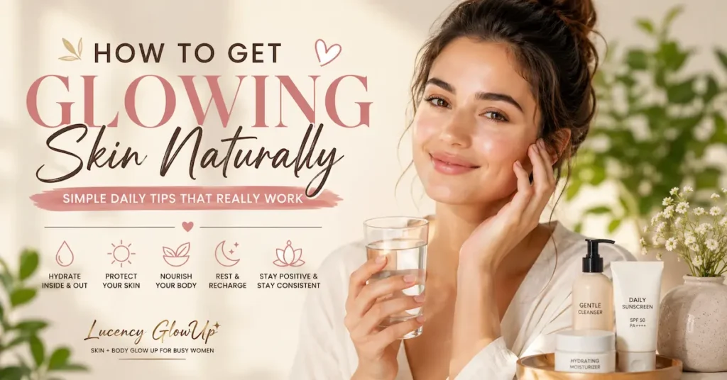 Woman with naturally glowing skin following simple healthy skincare habits