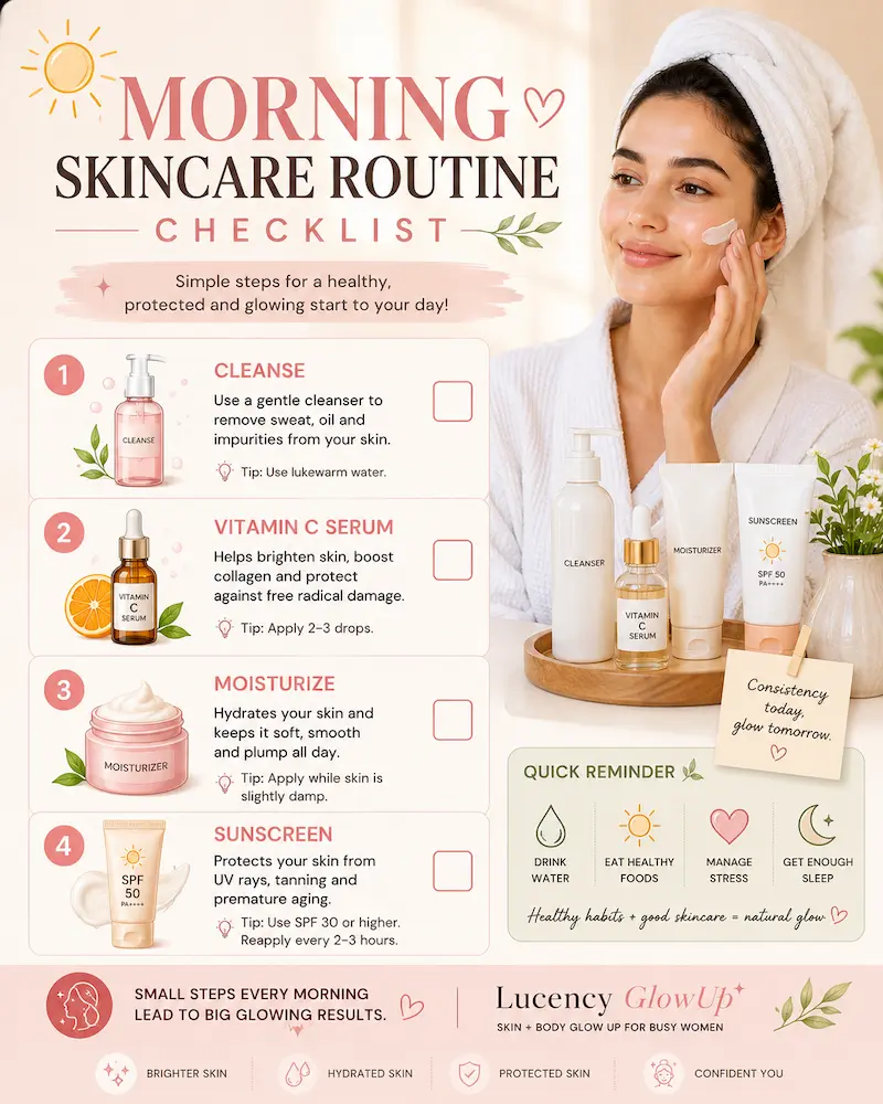 Morning skincare routine checklist with cleanser, vitamin C serum, moisturizer, and sunscreen
