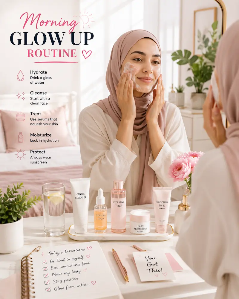 Woman following a simple morning glow up routine with skincare and hydration
