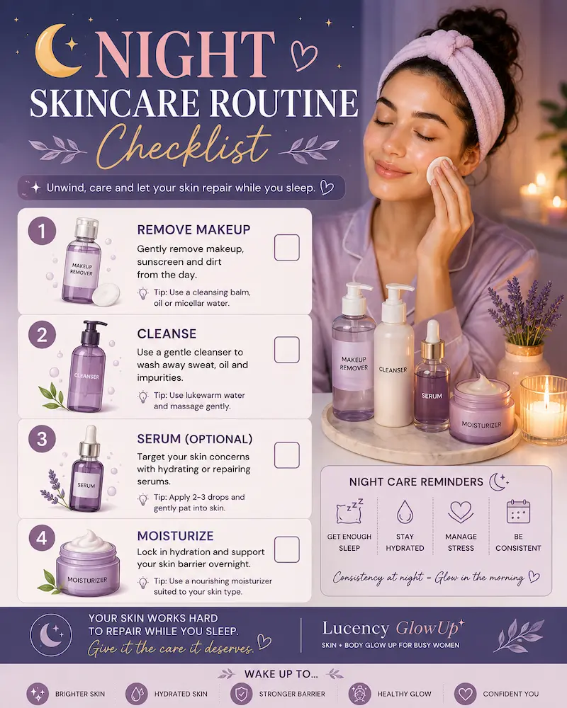 Night skincare routine checklist with makeup removal, cleansing, serum, and moisturizer