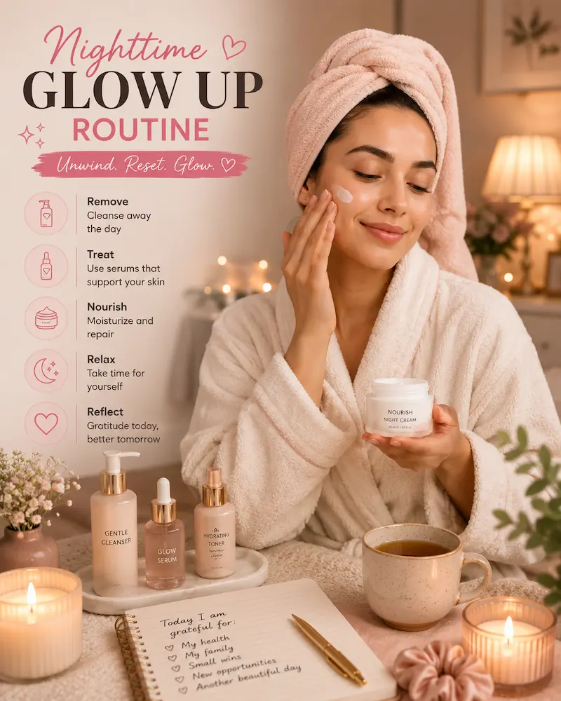 Woman performing a relaxing nighttime skincare routine before bed