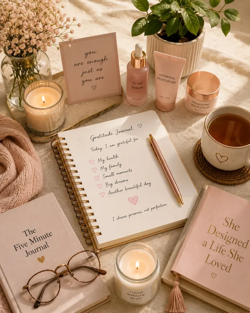 Gratitude journal, tea, and relaxing self-care setup promoting confidence and wellness